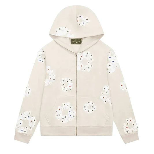 Denim Tears Rhinestone Wreath Zip Hoodie Oatmeal